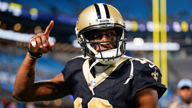 Saints receiver Michael Thomas signals a No. 1 after a win.